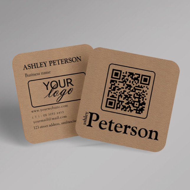 Carte De Visite Carré Logo personnalisé de papier Kraft de code QR (Créateur téléchargé)