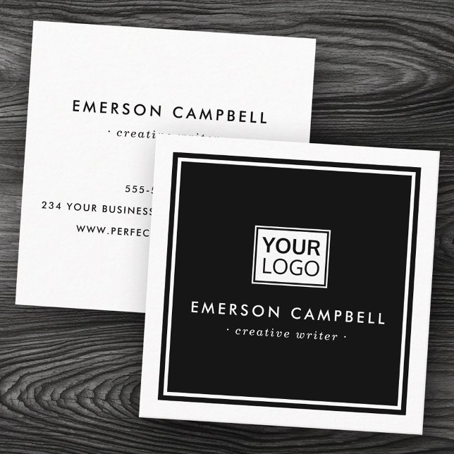 Carte De Visite Carré Logo personnalisé en bordure blanche noir minimali (White border custom logo black minimalist square business card)