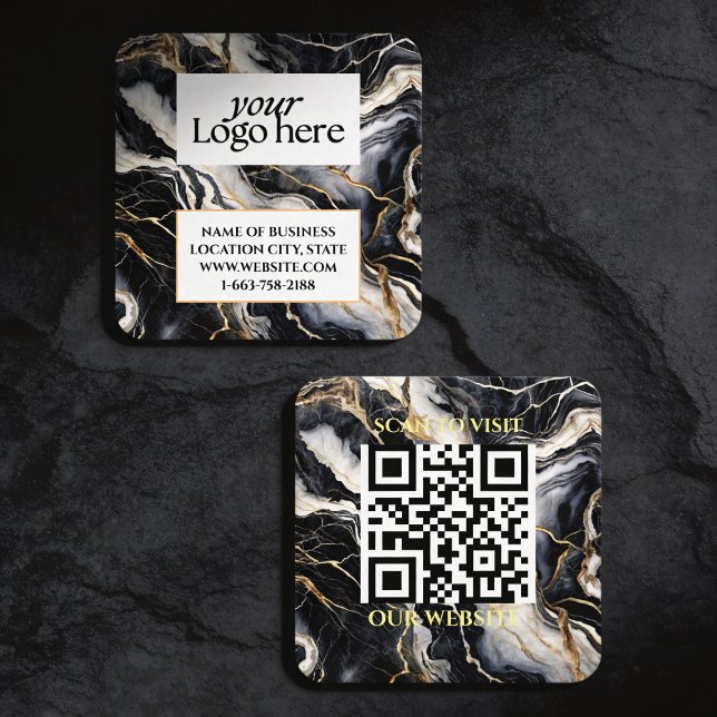 Carte De Visite Carré Logo personnalisé en marbre noir et code QR (Créateur téléchargé)