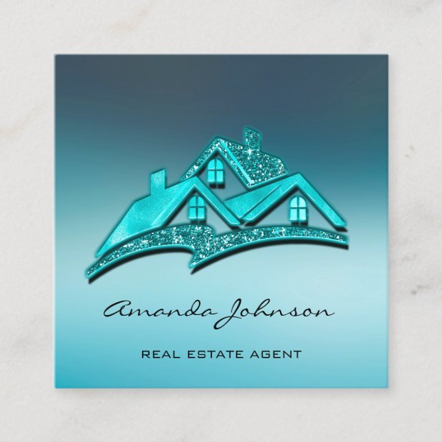 Carte De Visite Carré Logo Personnalisé Maison Agent Immobilier Home Blu (Devant)