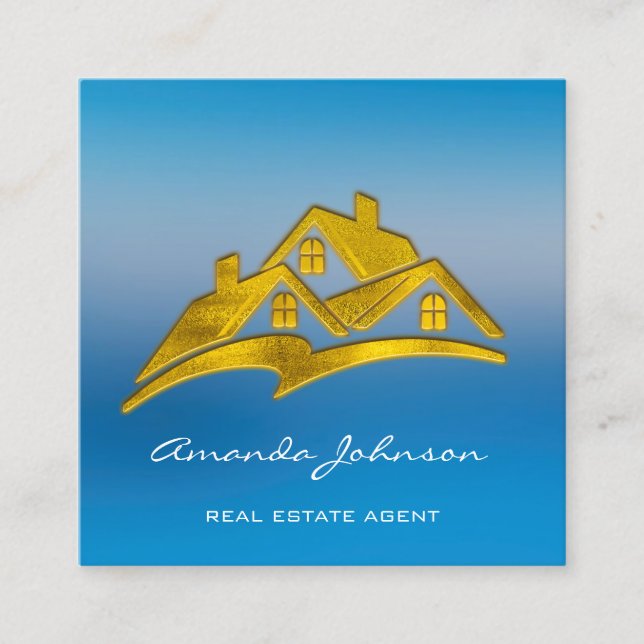 Carte De Visite Carré Logo Personnalisé Maison Agent Immobilier Home Or (Devant)