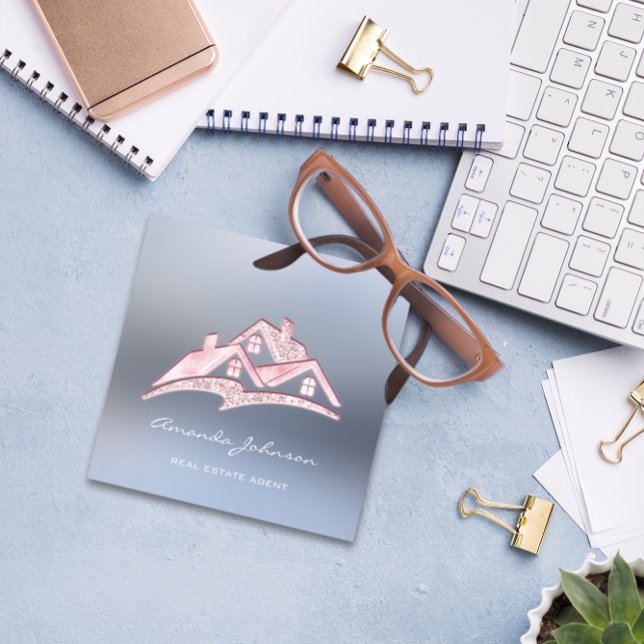 Carte De Visite Carré Logo Personnalisé Maison Agent Immobilier Maison A (Custom Logo House Real Estate Agent Home Pink VIP Square Business Card)