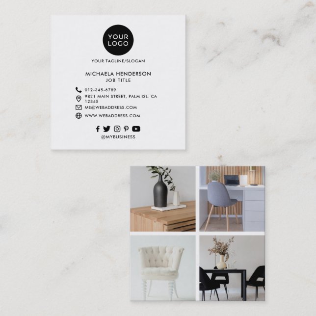 Carte De Visite Carré Logo Personnalisé Moderne, 4 Photos & Médias Socia (Devant / Derrière)