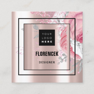 Carte De Visite Carré Logo personnalisé QR CODE Cadre Roses roses roses