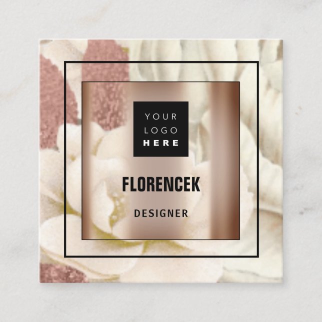 Carte De Visite Carré Logo personnalisé QR CODE Rose Gold Frame Floral I (Devant)