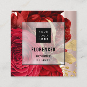 Carte De Visite Carré Logo personnalisé QR CODE Rose Red Gold Floral