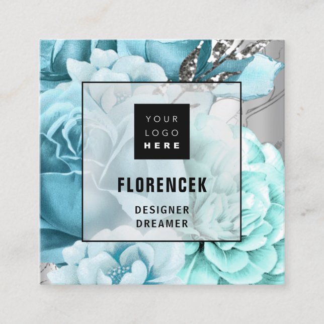 Carte De Visite Carré Logo personnalisé QR CODE Silver Grey Floral Aqua  (Devant)