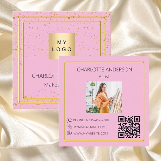 Carte De Visite Carré Logo photo en or rose code QR (Créateur téléchargé)