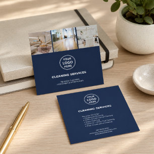 Carte De Visite Carré Logo Photo Services de Nettoyage Modernes Bleu Nui