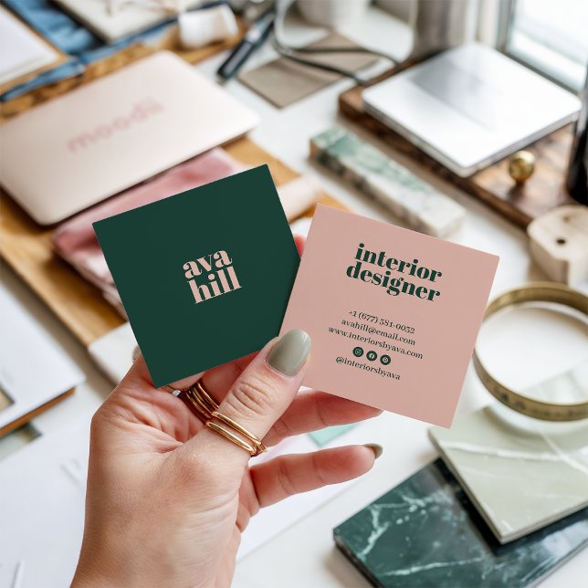 Carte De Visite Carré Logo professionnel vert et rose minimaliste modern (Modern minimalist green and pink professional logo)