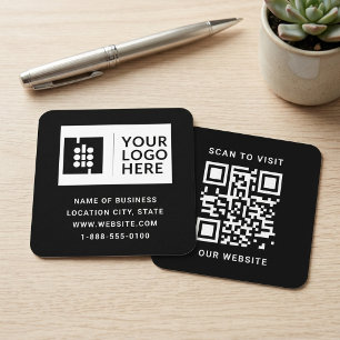 Carte De Visite Carré Logo QR Code Blanc Noir Gras pour Entreprise