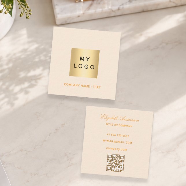 Carte De Visite Carré Logo QR code or en or crème (Créateur téléchargé)