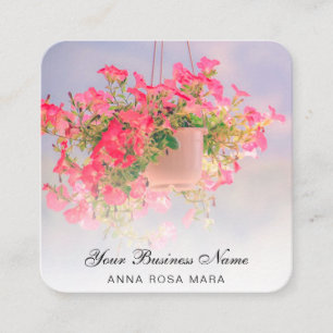 Carte De Visite Carré *~* Logo QR Floral Flower Hanging Pink Petunia Pot