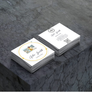 Carte De Visite Carré Logo QRCode Cadre photo personnalisé Jaune Blanc