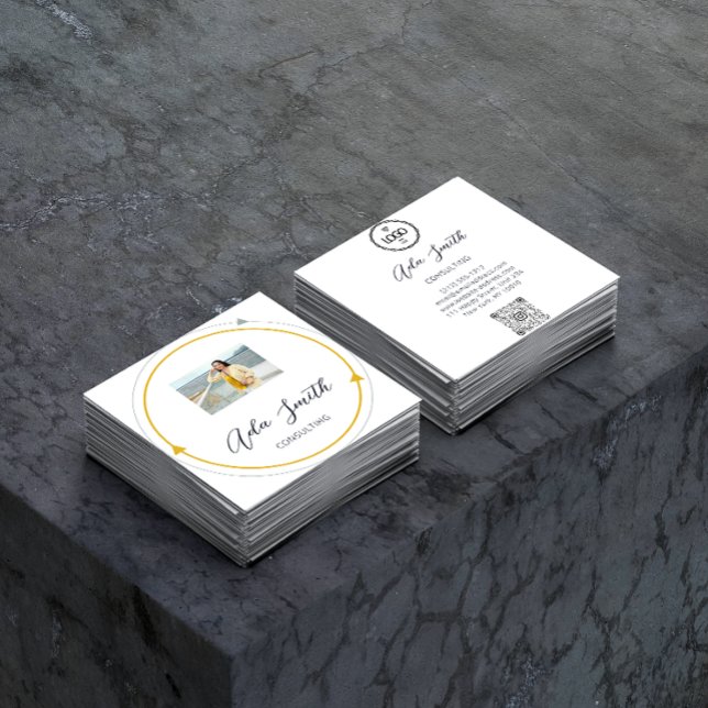 Carte De Visite Carré Logo QRCode Cadre photo personnalisé Jaune Blanc (Créateur téléchargé)