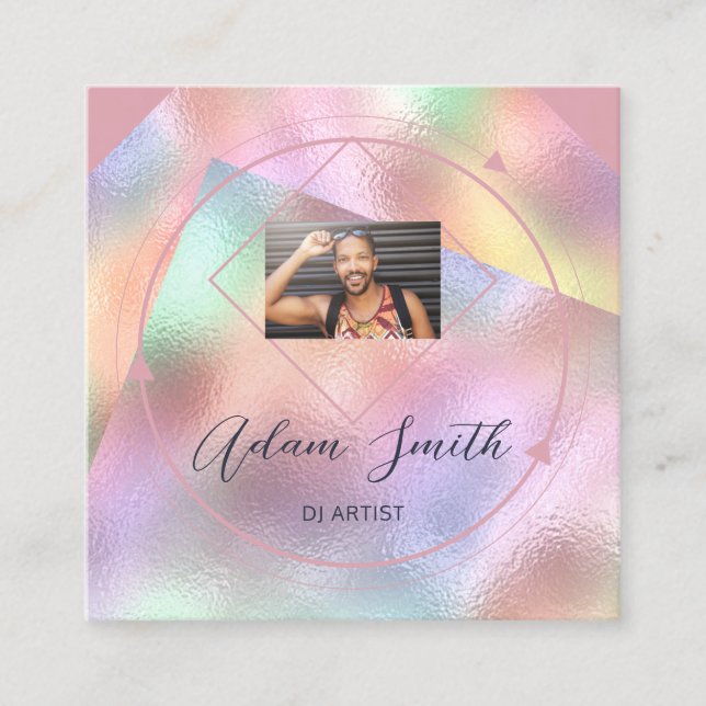 Carte De Visite Carré Logo QRCode Photo personnalisée Holographe Rose Sq (Devant)