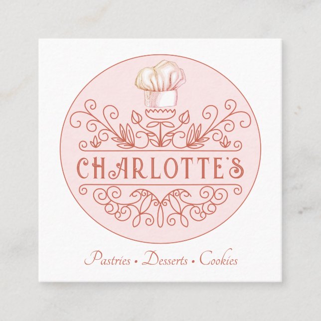 Carte De Visite Carré Logo rose rose Boulangerie Pâtisserie Chef Baker (Devant)