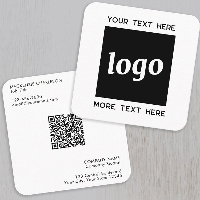 Carte De Visite Carré Logo simple et code QR texte (Logo with QR code and custom text square business card)