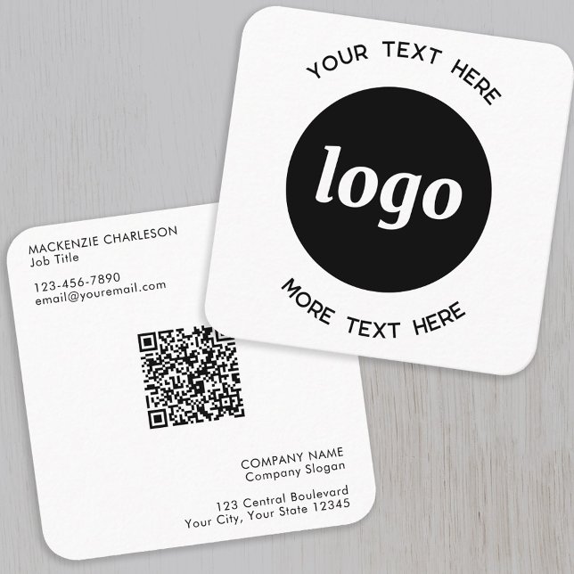 Carte De Visite Carré Logo simple et code QR texte (Logo with QR code and custom text professional square business card)