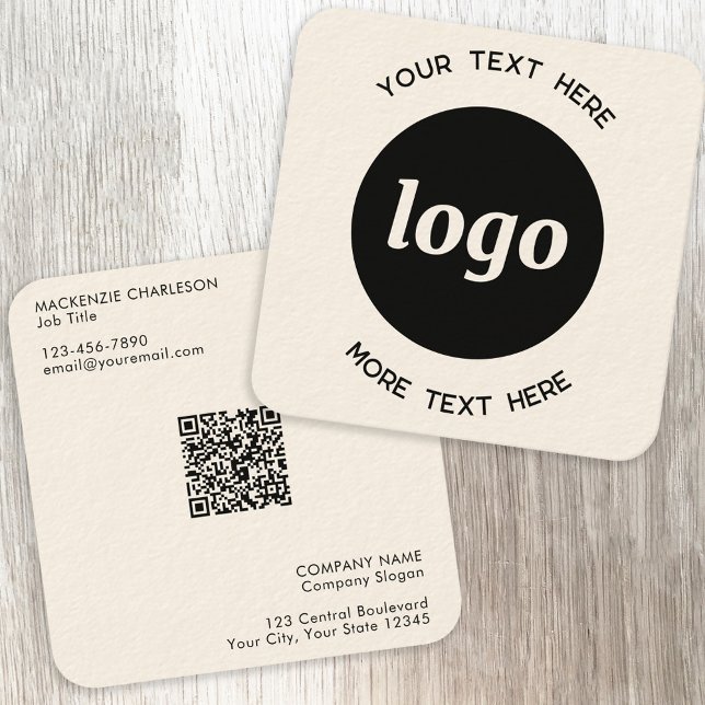 Carte De Visite Carré Logo simple et code QR texte (Simple logo QR code with custom text business branding promotional professional business card)