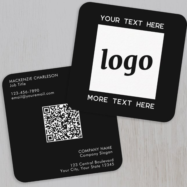 Carte De Visite Carré Logo simple et code QR texte noir (Logo with QR code custom text black square business card)