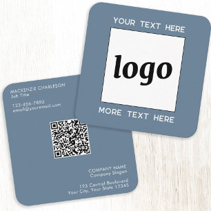 Carte De Visite Carré Logo simple et texte QR Code bleu