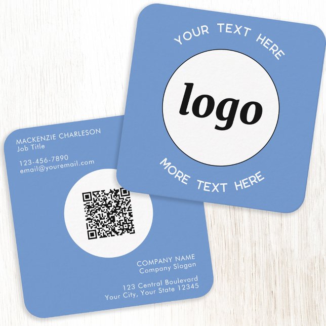 Carte De Visite Carré Logo simple et texte QR Code bleu (Simple logo with QR code custom text professional branding sky blue business card)