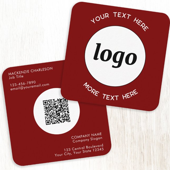 Carte De Visite Carré Logo simple et texte QR Code Bourgogne Rouge (Simple round logo QR code custom text professional branding business card dark burgundy red)