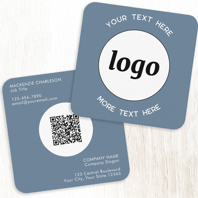 Carte De Visite Carré Logo simple et texte QR Code Dusty Blue Grey (Logo with QR code custom text blue gray square business card)