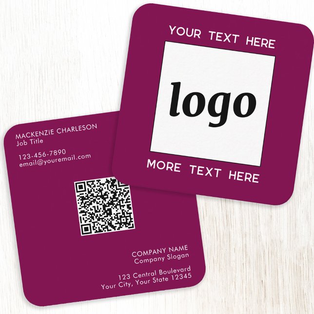 Carte De Visite Carré Logo simple et texte QR Code Magenta Cherry rose (Simple logo QR code custom text professional branding business card dark cherry magenta pink)