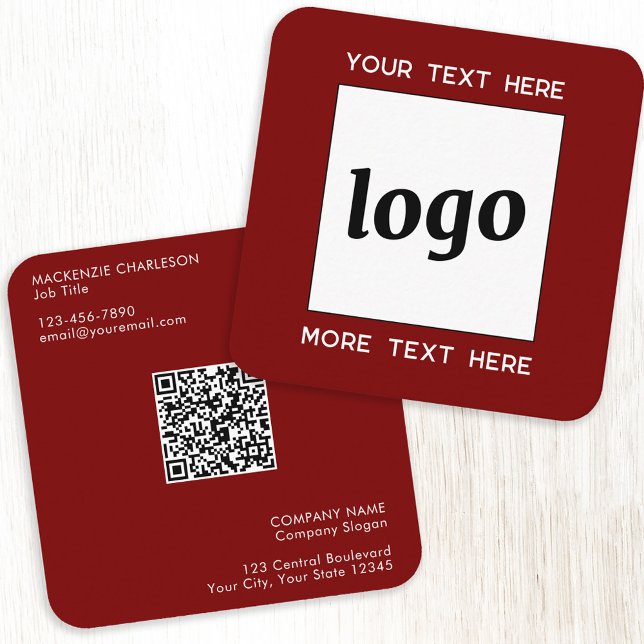Carte De Visite Carré Logo simple et texte QR Code noir Bourgogne rouge (Simple logo QR code custom text professional branding business card dark burgundy red)