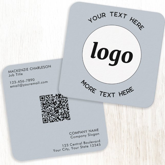 Carte De Visite Carré Logo simple et texte QR Code Poudre bleu (Logo and QR code custom text professional business card)