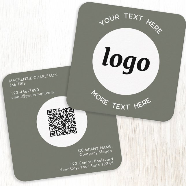 Carte De Visite Carré Logo simple et texte QR Code Sage vert (Logo QR code with custom text sage green minimalist modern square business card)