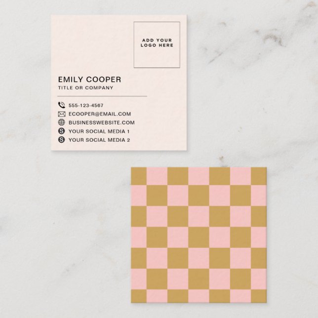 Carte De Visite Carré Logo Simple moderne Pink Gold Checker Checker (Devant / Derrière)