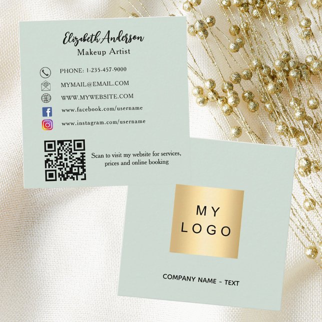 Carte De Visite Carré Logo vert Sage Code QR médias sociaux (Créateur téléchargé)