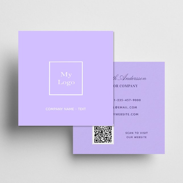 Carte De Visite Carré Logo Violet lavande QR code élégant (Créateur téléchargé)