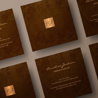 Carte De Visite Carré Luxe élégant cuir marron en cuivre or monogramme