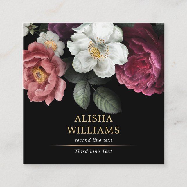 Carte De Visite Carré Luxe Entreprise Floral Noir Or (Devant)