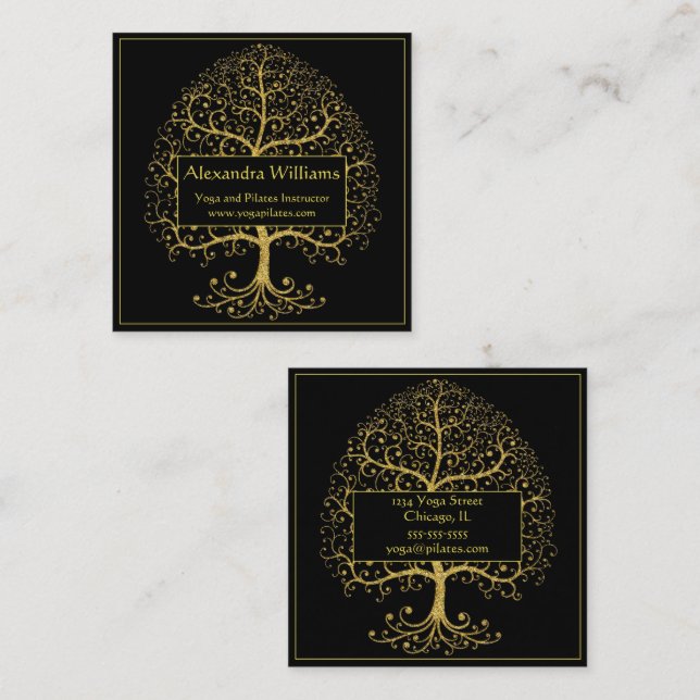 Carte De Visite Carré Luxe Gold Black Tree of Life Personnalisé (Devant / Derrière)