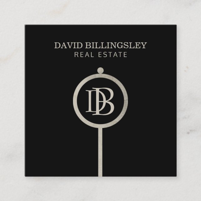 Carte De Visite Carré Luxe Gris Squelette Clé Monogramme Realtor (Devant)