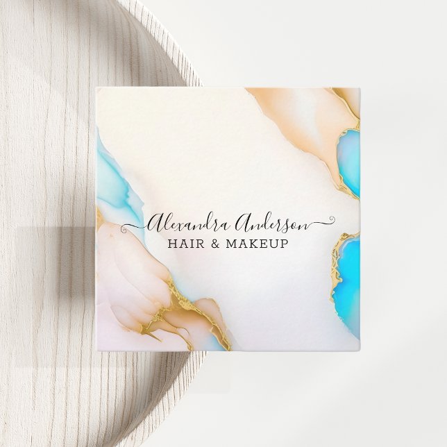 Carte De Visite Carré Luxe Holographique Opal Agate Marbre Or Détails (Luxury Holographic Opal Agate Marble Gold Details Square Business Card)