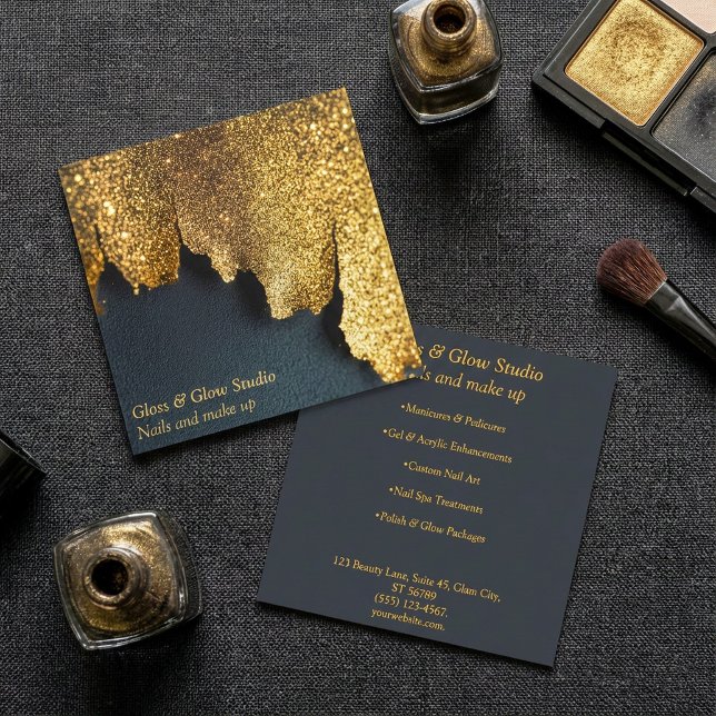 Carte De Visite Carré Luxueux salon de beauté de la Parties scintillant  (Luxurious Black and Gold Glitter nail beauty salon Square Business Card.)