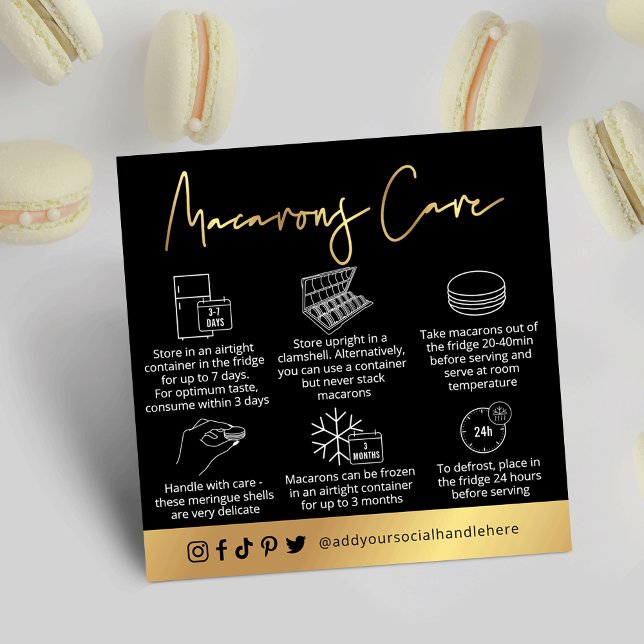 Carte De Visite Carré Macarons Black & Gold Moderne Chef pâtissier (Black and gold macarons care cards with space for your logo and business details)