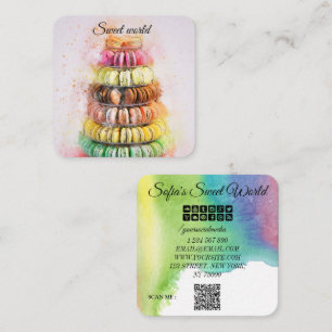Carte De Visite Carré Macarons Colorés Sucreries Code Qr Moderne