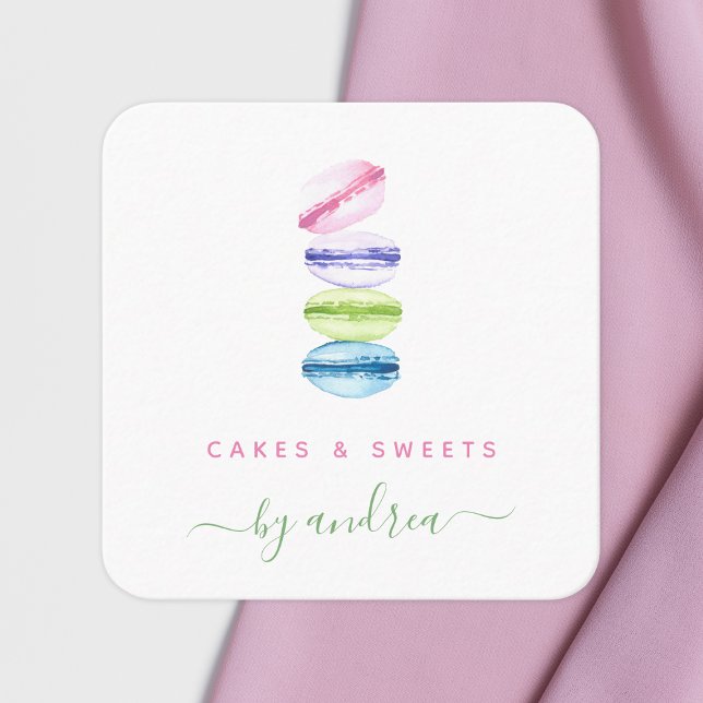 Carte De Visite Carré Macarons colorés sucreries Qr Code boulangerie mod (Créateur téléchargé)