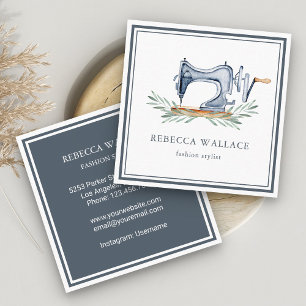 Carte De Visite Carré Machine à coudre bleu vintage Liste de mode