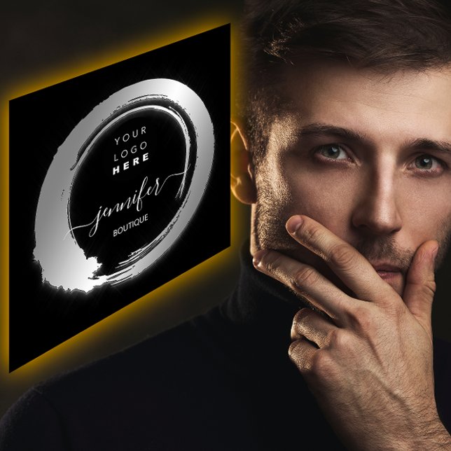 Carte De Visite Carré Magasin de LOGO QR personnalisé en argent noir (Black White Silver Custom QR LOGO SHOP Square Business Card)