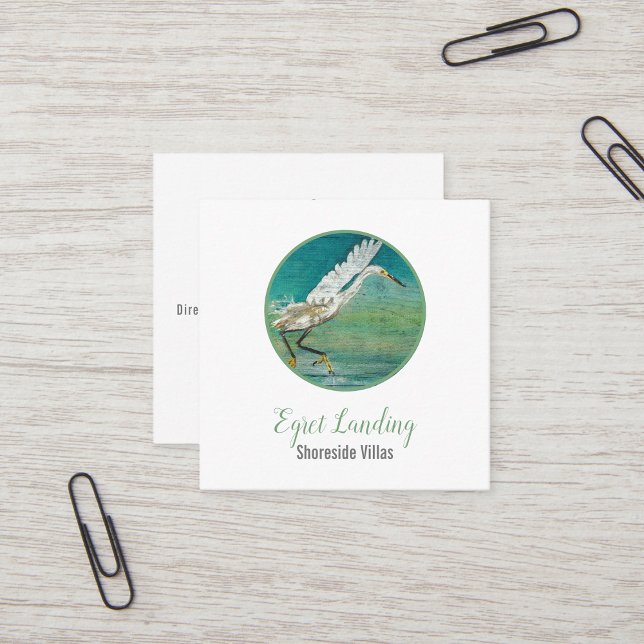 Carte De Visite Carré Magnifique Aiguille De Rive Sur L'Art De L'Eau (Gorgeous Egret Shorebird On Water Art Square Business Card Jenn's Emporium. )