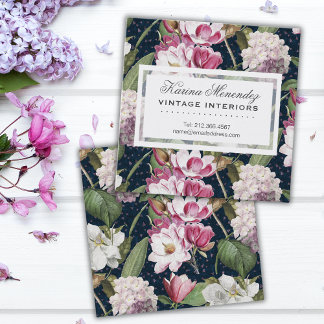 Carte De Visite Carré Magnolias et Hydrangeas Botanique Vintage