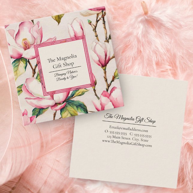 Carte De Visite Carré Magnolias rose modèle floral (Embrace sophistication with our elegant pink magnolia pattern business card.)